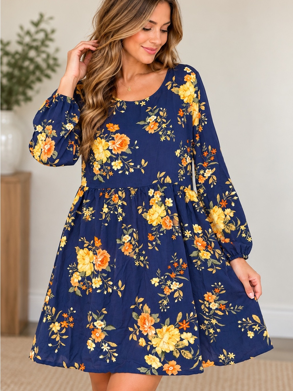 Old Navy M Navy Floral Long Sleeve Swing Dress NWT
